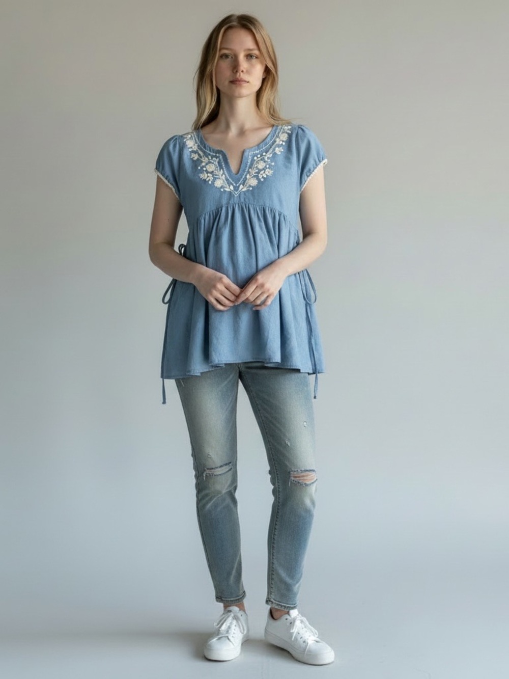 Maternity Nicolette S Light Blue Embroidered Peasant Baby Doll Top